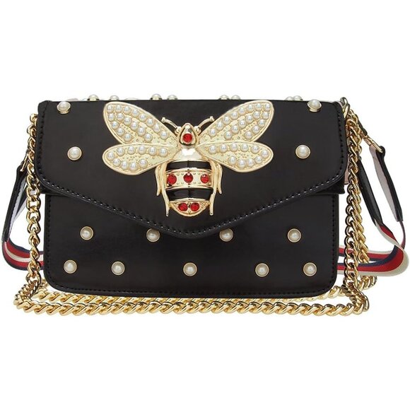 Designer Bee Purse Black PU Leather Crossbody Bag with Pearl, Versatile Carrying - Picture 1 of 6